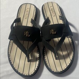 Ralph Lauren Double RL Black Sandals with Gold Logo